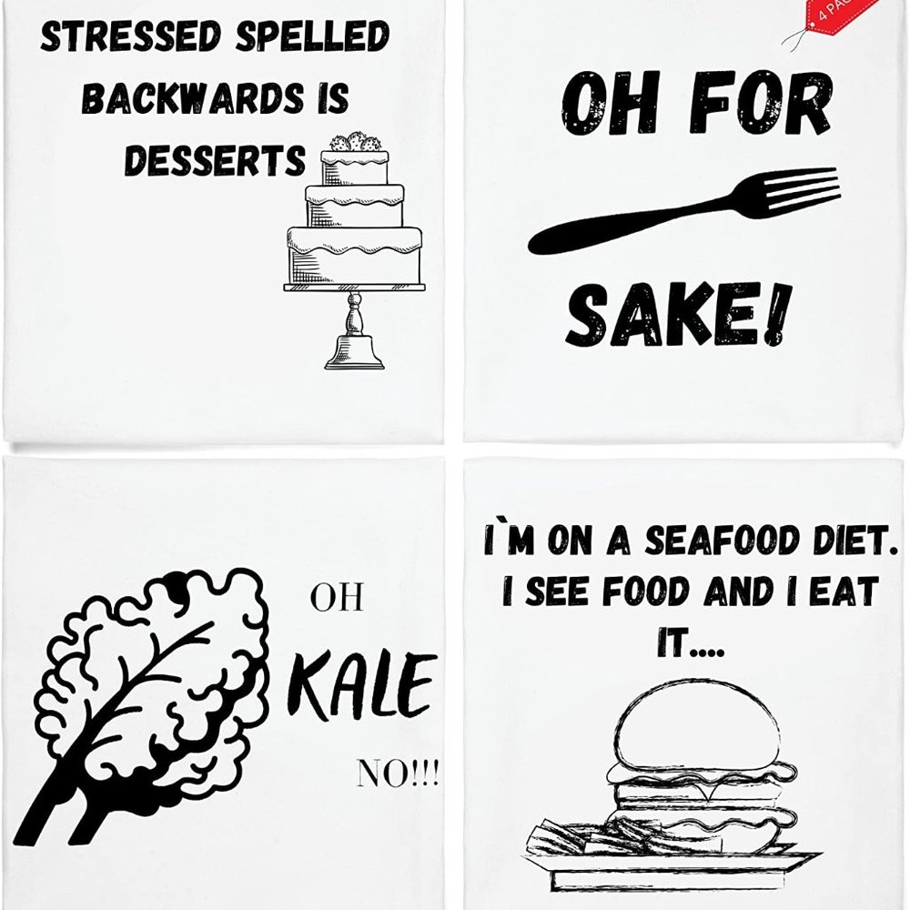 Set of 4 Unique Funny Kitchen Towels Highly Absorbent 100% Cotton Hand Towels